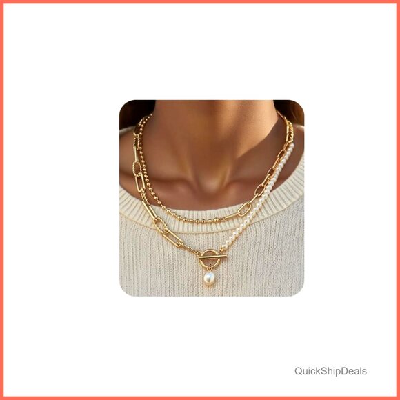 Jewelry - 14K Gold Plated Layered Pearl Chain Necklace with Toggle Clasp